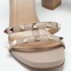 Pre Owned Valentino Beige Leather Rockstud Ankle Strap Sandals Size 36.5