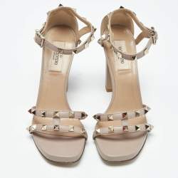 Pre Owned Valentino Beige Leather Rockstud Ankle Strap Sandals Size 36.5