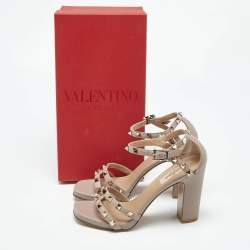 Pre Owned Valentino Beige Leather Rockstud Ankle Strap Sandals Size 36.5