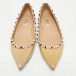 Pre Owned Valentino Beige Patent Leather Rockstud Pointed Toe Ballet Flats Size 38