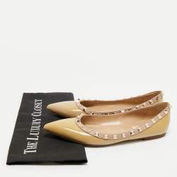 Pre Owned Valentino Beige Patent Leather Rockstud Pointed Toe Ballet Flats Size 38