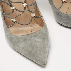 Pre Owned Valentino Grey Suede Rockstud Ankle Wrap Pointed Toe Pumps Size 38