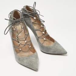 Pre Owned Valentino Grey Suede Rockstud Ankle Wrap Pointed Toe Pumps Size 38