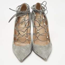 Pre Owned Valentino Grey Suede Rockstud Ankle Wrap Pointed Toe Pumps Size 38