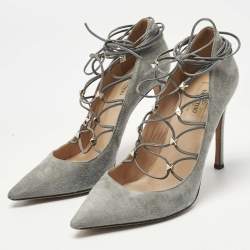 Pre Owned Valentino Grey Suede Rockstud Ankle Wrap Pointed Toe Pumps Size 38