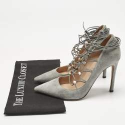 Pre Owned Valentino Grey Suede Rockstud Ankle Wrap Pointed Toe Pumps Size 38