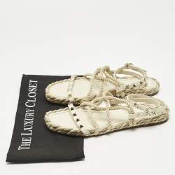 Pre Owned Valentino Cream Woven Fabric Rockstud Torchon Sandals Size 38