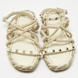 Pre Owned Valentino Cream Woven Fabric Rockstud Torchon Sandals Size 38