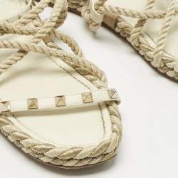 Pre Owned Valentino Cream Woven Fabric Rockstud Torchon Sandals Size 38