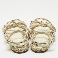 Pre Owned Valentino Cream Woven Fabric Rockstud Torchon Sandals Size 38