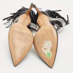 مملوكة مسبقًا Valentino Black Leather C-Rockee Fringe Ankle Strap Sandals Size 35