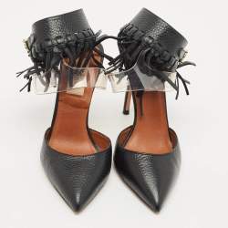 مملوكة مسبقًا Valentino Black Leather C-Rockee Fringe Ankle Strap Sandals Size 35