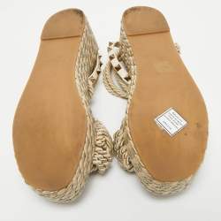 Pre Owned Valentino Light Gold/Cream Leather and Rope Rockstud Torchon Wedge Sandals Size 38