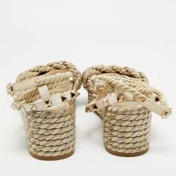 Pre Owned Valentino Light Gold/Cream Leather and Rope Rockstud Torchon Wedge Sandals Size 38