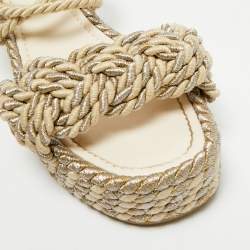 Pre Owned Valentino Light Gold/Cream Leather and Rope Rockstud Torchon Wedge Sandals Size 38