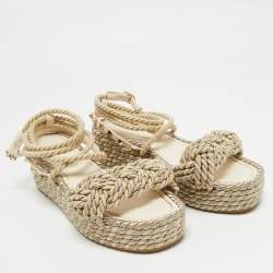 Pre Owned Valentino Light Gold/Cream Leather and Rope Rockstud Torchon Wedge Sandals Size 38