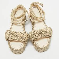 Pre Owned Valentino Light Gold/Cream Leather and Rope Rockstud Torchon Wedge Sandals Size 38