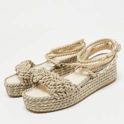 Pre Owned Valentino Light Gold/Cream Leather and Rope Rockstud Torchon Wedge Sandals Size 38