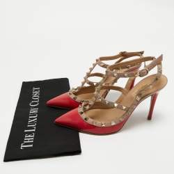Pre Owned Valentino Red/Beige Patent Leather Rockstud Ankle Strap Pumps Size 37.5