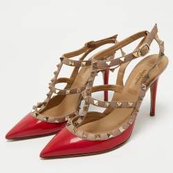 Pre Owned Valentino Red/Beige Patent Leather Rockstud Ankle Strap Pumps Size 37.5