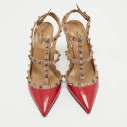 Pre Owned Valentino Red/Beige Patent Leather Rockstud Ankle Strap Pumps Size 37.5