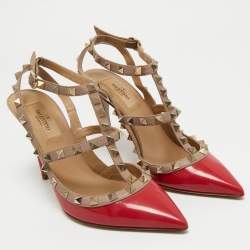 Pre Owned Valentino Red/Beige Patent Leather Rockstud Ankle Strap Pumps Size 37.5