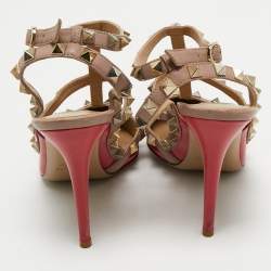 Pre Owned Valentino Red/Beige Patent Leather Rockstud Ankle Strap Pumps Size 37.5