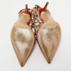 Pre Owned Valentino Red/Beige Patent Leather Rockstud Ankle Strap Pumps Size 37.5