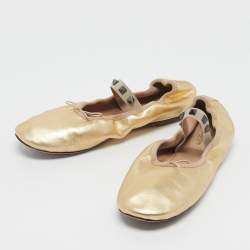 Pre Owned Valentino Gold Leather Rockstud Bow Ballet Flats Size 38