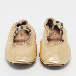Pre Owned Valentino Gold Leather Rockstud Bow Ballet Flats Size 38