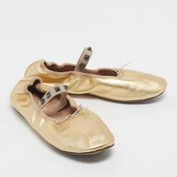 Pre Owned Valentino Gold Leather Rockstud Bow Ballet Flats Size 38