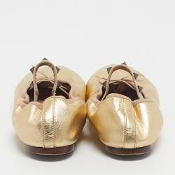 Pre Owned Valentino Gold Leather Rockstud Bow Ballet Flats Size 38