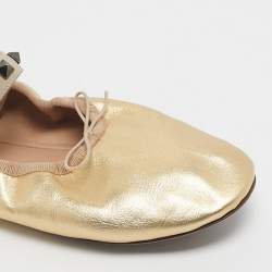 Pre Owned Valentino Gold Leather Rockstud Bow Ballet Flats Size 38