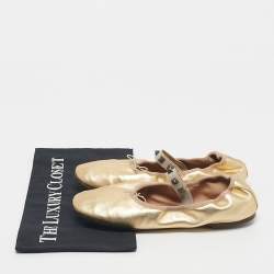 Pre Owned Valentino Gold Leather Rockstud Bow Ballet Flats Size 38