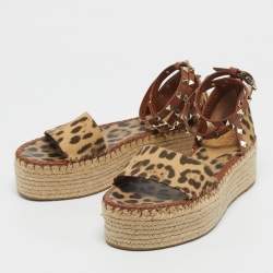Pre Owned Valentino Beige/Brown Leopard Canvas Rockstud Ankle Strap Platform Sandals Size 40