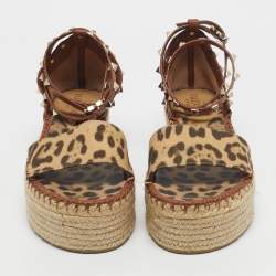 Pre Owned Valentino Beige/Brown Leopard Canvas Rockstud Ankle Strap Platform Sandals Size 40