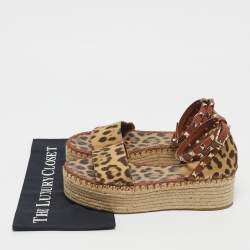 Pre Owned Valentino Beige/Brown Leopard Canvas Rockstud Ankle Strap Platform Sandals Size 40