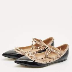 Pre Owned Valentino Black/Beige Patent Leather Rockstud Ballet Flats Size 39.5