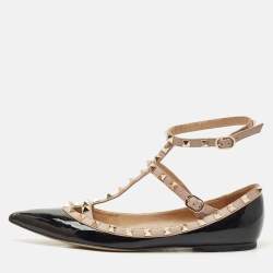 Pre Owned Valentino Black/Beige Patent Leather Rockstud Ballet Flats Size 39.5
