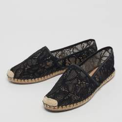 Pre Owned Valentino Black Lace and Leather Espadrille Flats Size 40