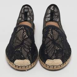 Pre Owned Valentino Black Lace and Leather Espadrille Flats Size 40