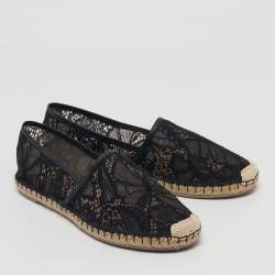 Pre Owned Valentino Black Lace and Leather Espadrille Flats Size 40