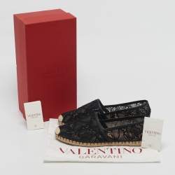 Pre Owned Valentino Black Lace and Leather Espadrille Flats Size 40