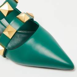 Pre Owned Valentino Dark Green Leather Roman Stud Pointed Toe Mules Size 39.5