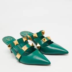 Pre Owned Valentino Dark Green Leather Roman Stud Pointed Toe Mules Size 39.5
