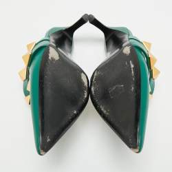 Pre Owned Valentino Dark Green Leather Roman Stud Pointed Toe Mules Size 39.5