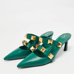 Pre Owned Valentino Dark Green Leather Roman Stud Pointed Toe Mules Size 39.5
