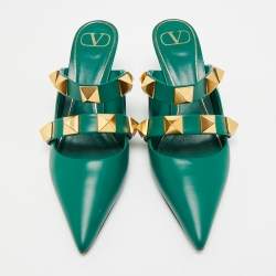 Pre Owned Valentino Dark Green Leather Roman Stud Pointed Toe Mules Size 39.5
