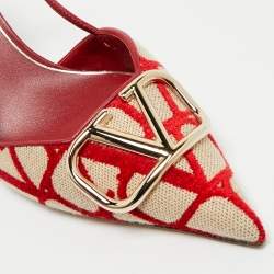 Pre Owned Valentino Red/White Canvas and Leather VLogo Slingback Pumps Size 40