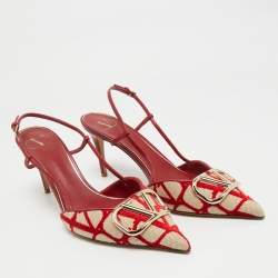 Pre Owned Valentino Red/White Canvas and Leather VLogo Slingback Pumps Size 40